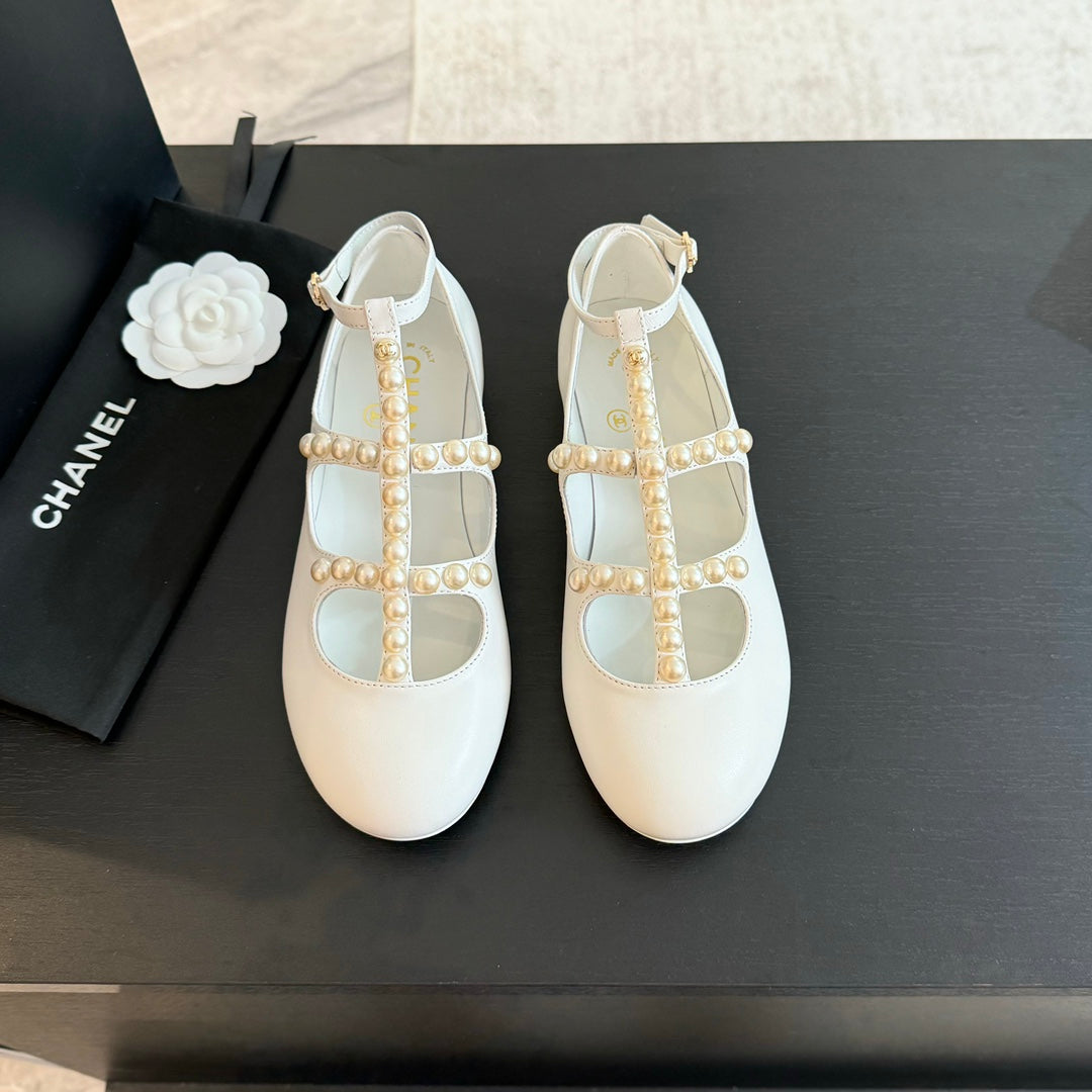 CHANEL MARY JANES SHOES WHITE GOATSKIN WITH FAUX PEARL