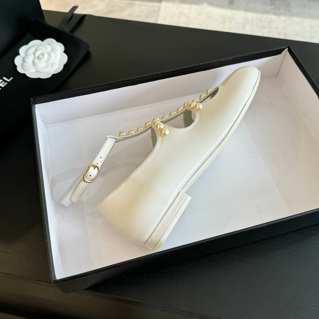 CHANEL MARY JANES SHOES WHITE GOATSKIN WITH FAUX PEARL