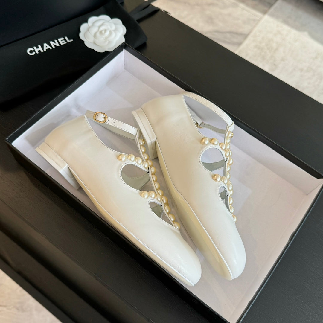 CHANEL MARY JANES SHOES WHITE GOATSKIN WITH FAUX PEARL