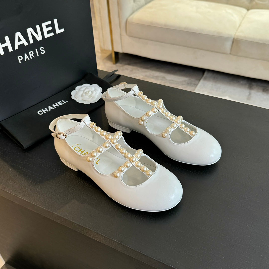 CHANEL MARY JANES SHOES WHITE GOATSKIN WITH FAUX PEARL