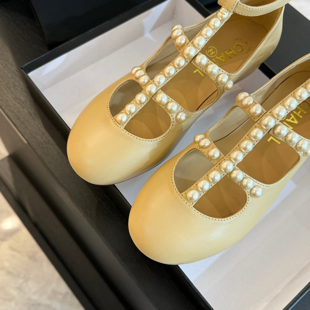 CHANEL MARY JANES SHOES LIGHT YELLOW GOATSKIN WITH FAUX PEARL