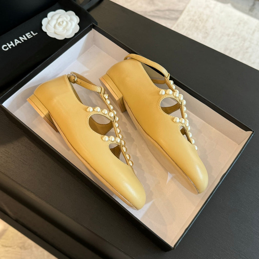 CHANEL MARY JANES SHOES LIGHT YELLOW GOATSKIN WITH FAUX PEARL