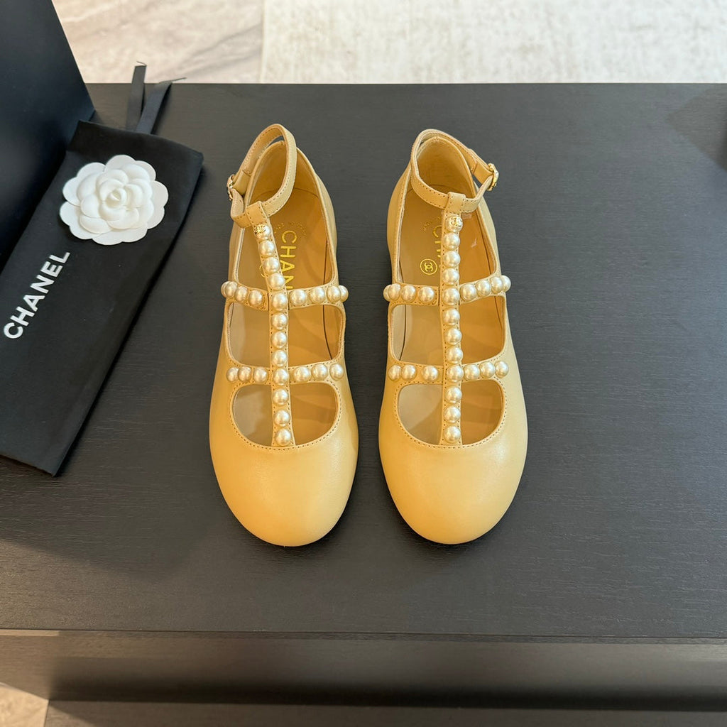 CHANEL MARY JANES SHOES LIGHT YELLOW GOATSKIN WITH FAUX PEARL