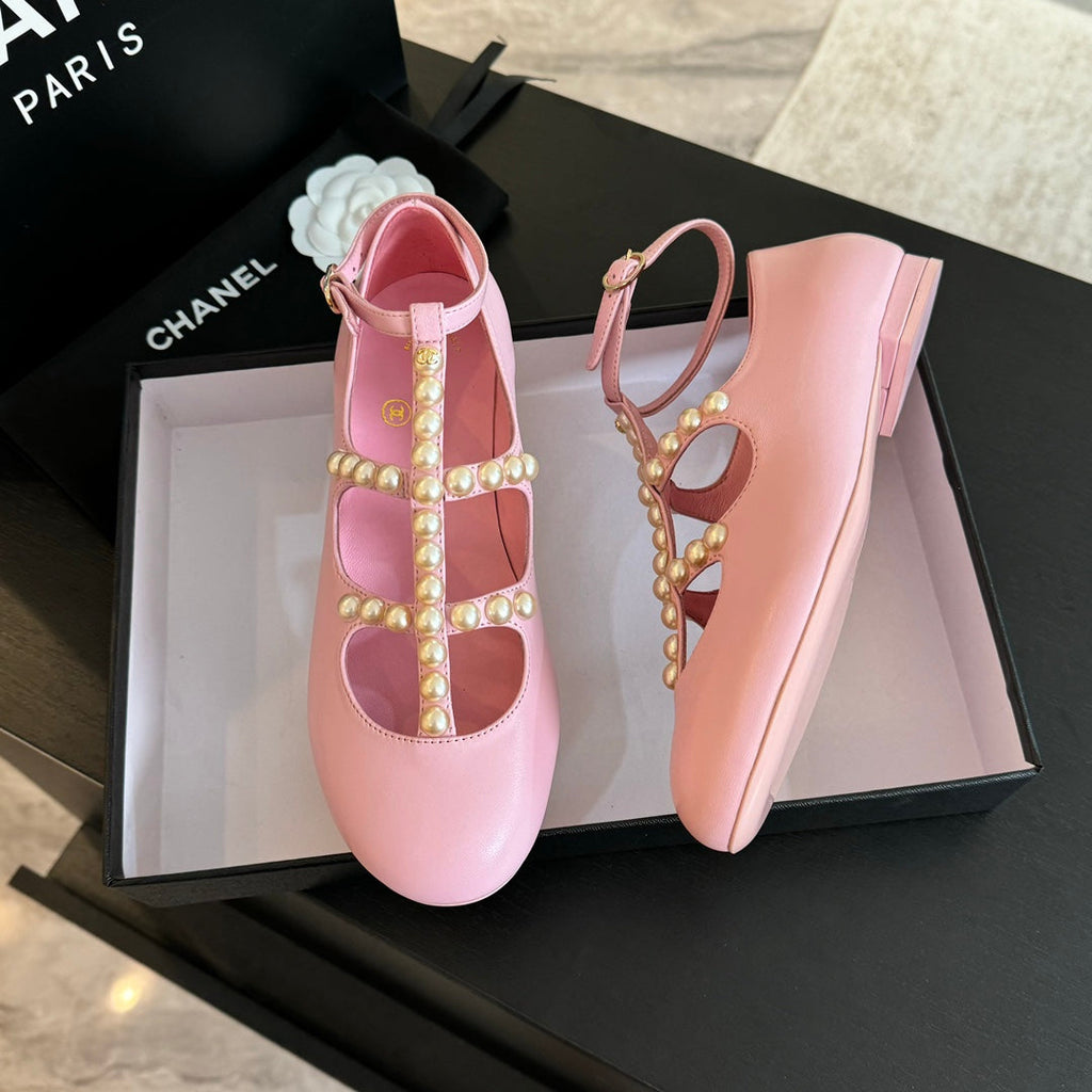 CHANEL MARY JANES SHOES LIGHT PINK GOATSKIN WITH FAUX PEARL