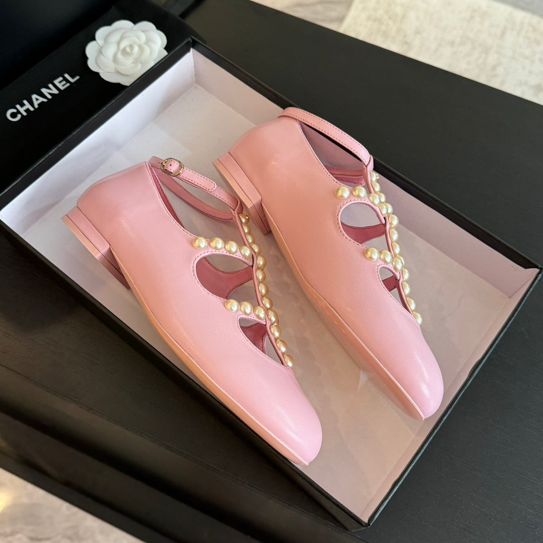 CHANEL MARY JANES SHOES LIGHT PINK GOATSKIN WITH FAUX PEARL