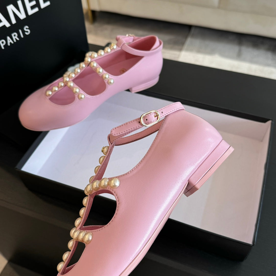 CHANEL MARY JANES SHOES LIGHT PINK GOATSKIN WITH FAUX PEARL