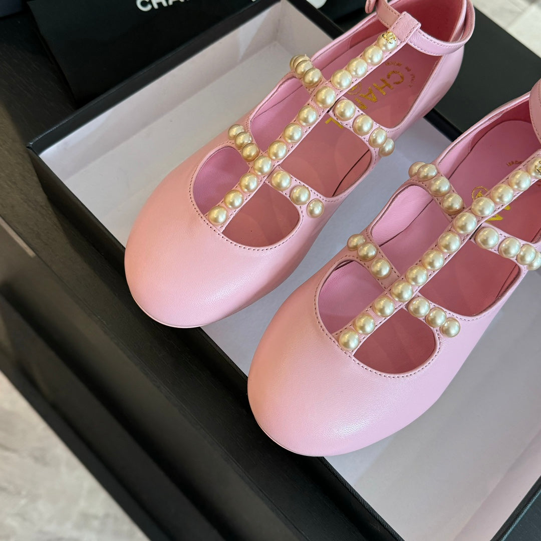 CHANEL MARY JANES SHOES LIGHT PINK GOATSKIN WITH FAUX PEARL