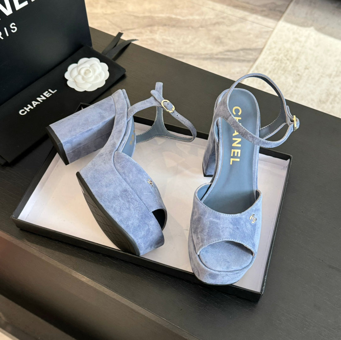CHANEL HIGH HEEL PLATFORM SANDALS IN PIGEON BLUE SUEDE