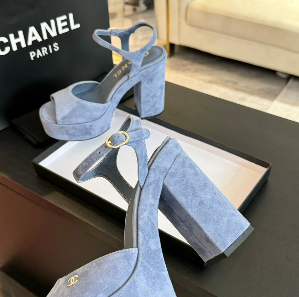 CHANEL HIGH HEEL PLATFORM SANDALS IN PIGEON BLUE SUEDE