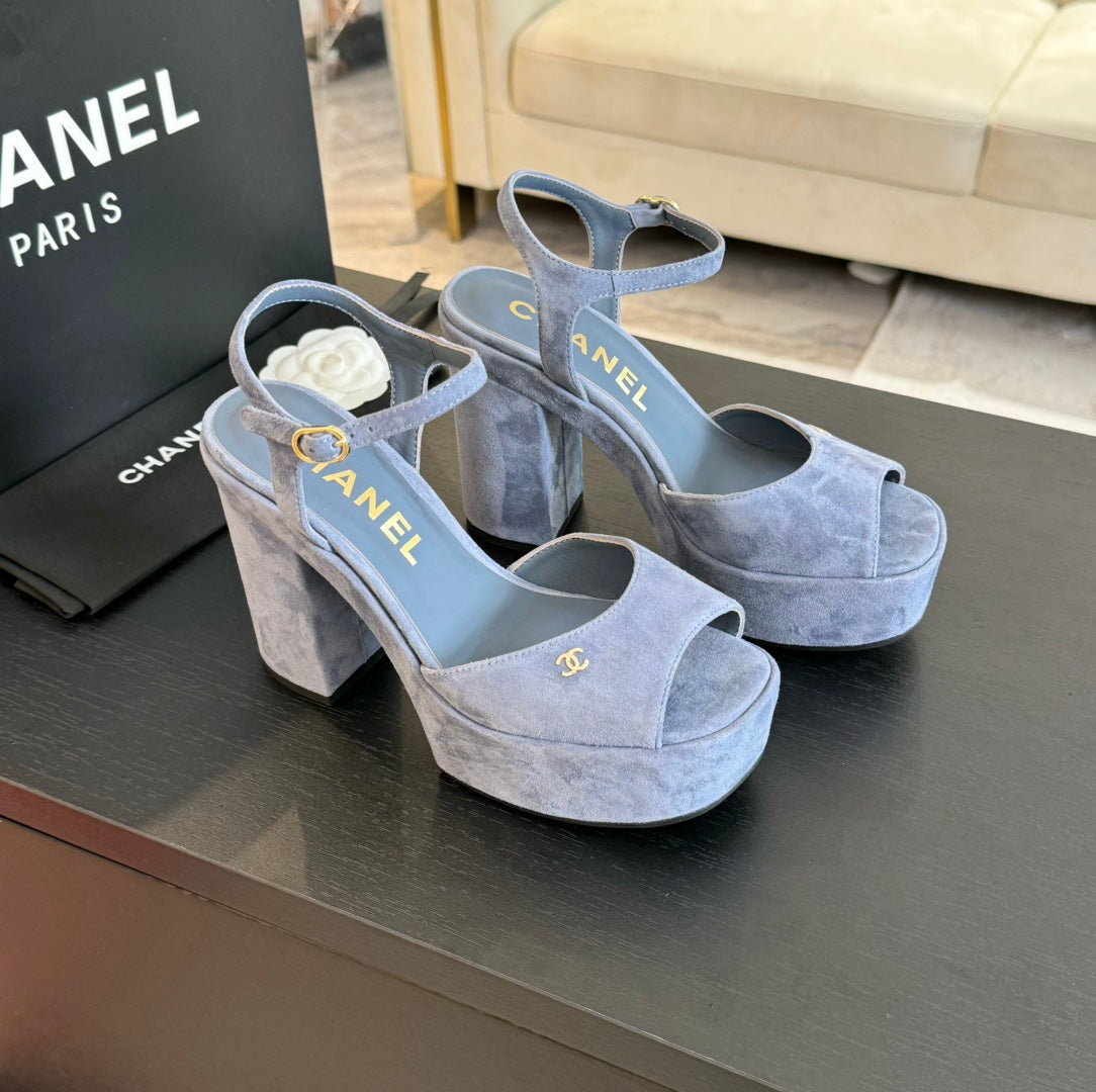 CHANEL HIGH HEEL PLATFORM SANDALS IN PIGEON BLUE SUEDE