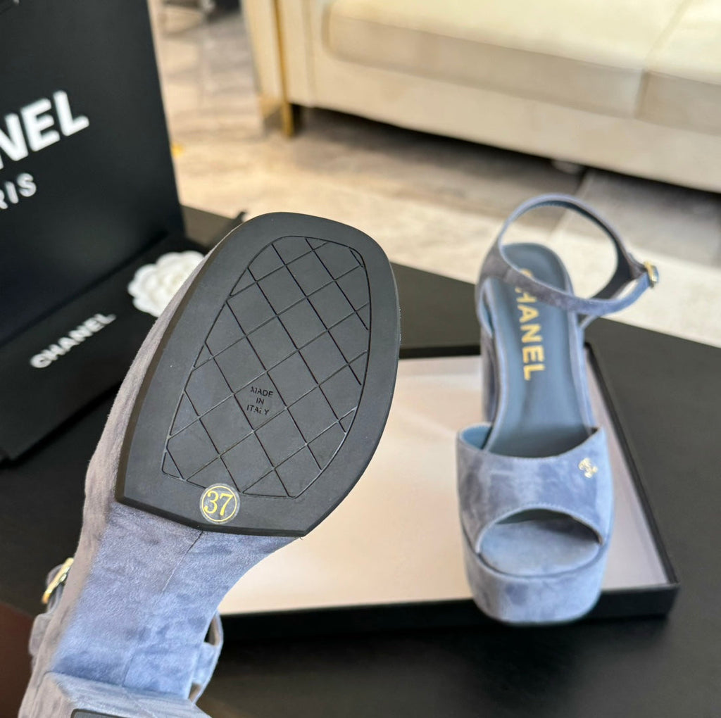 CHANEL HIGH HEEL PLATFORM SANDALS IN PIGEON BLUE SUEDE
