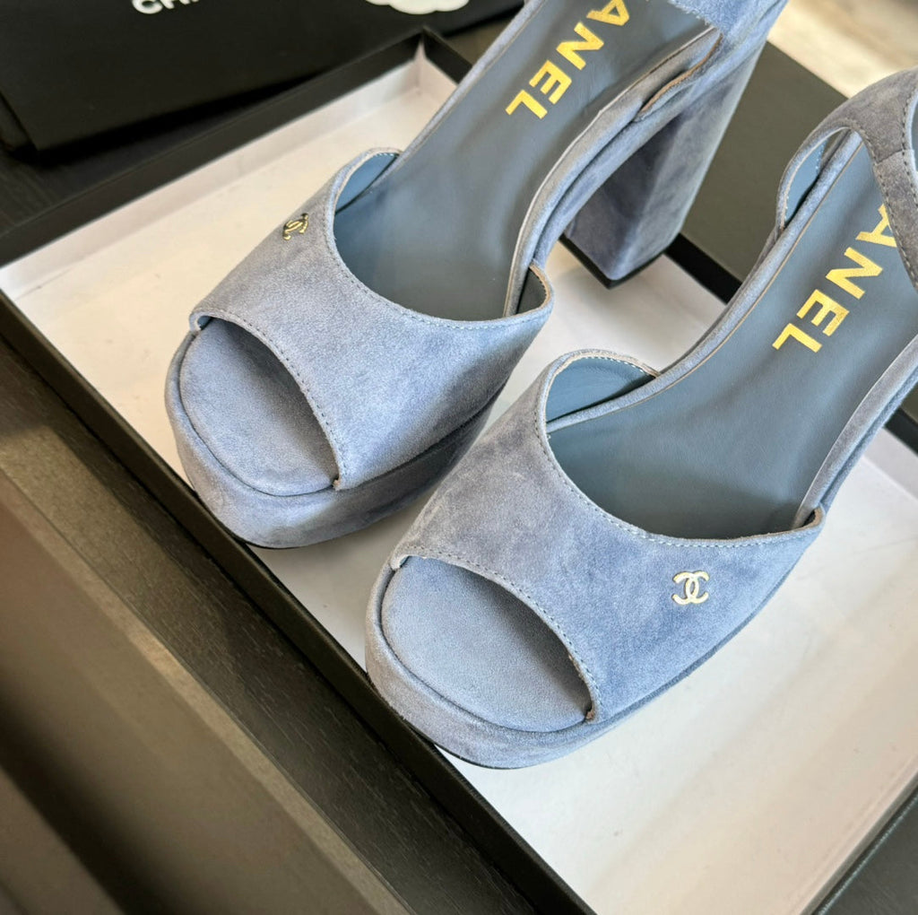 CHANEL HIGH HEEL PLATFORM SANDALS IN PIGEON BLUE SUEDE