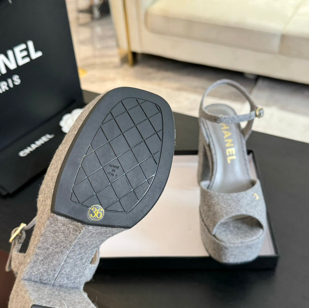 CHANEL HIGH HEEL PLATFORM SANDALS IN DOVE GRAY SUEDE