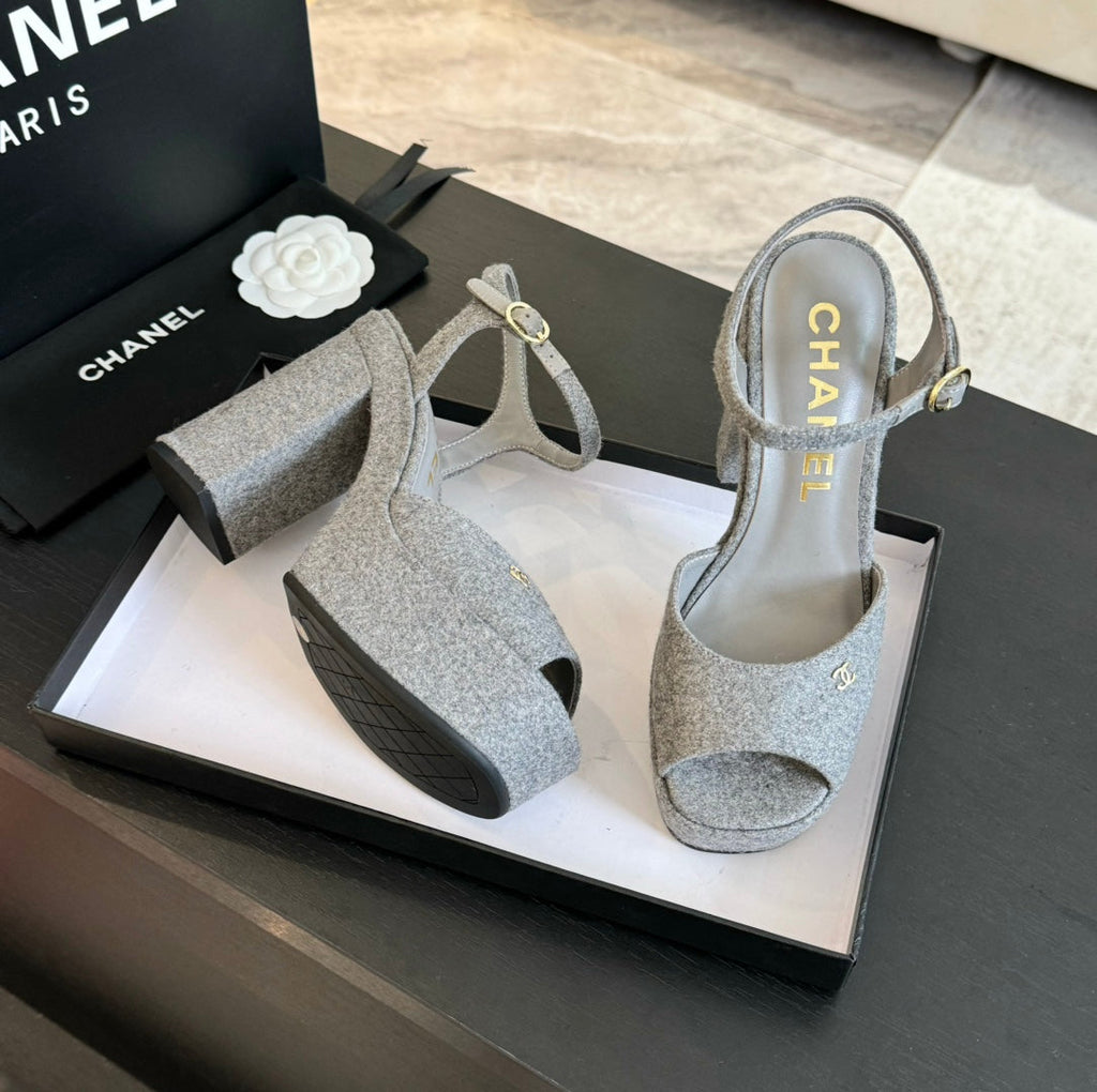CHANEL HIGH HEEL PLATFORM SANDALS IN DOVE GRAY SUEDE