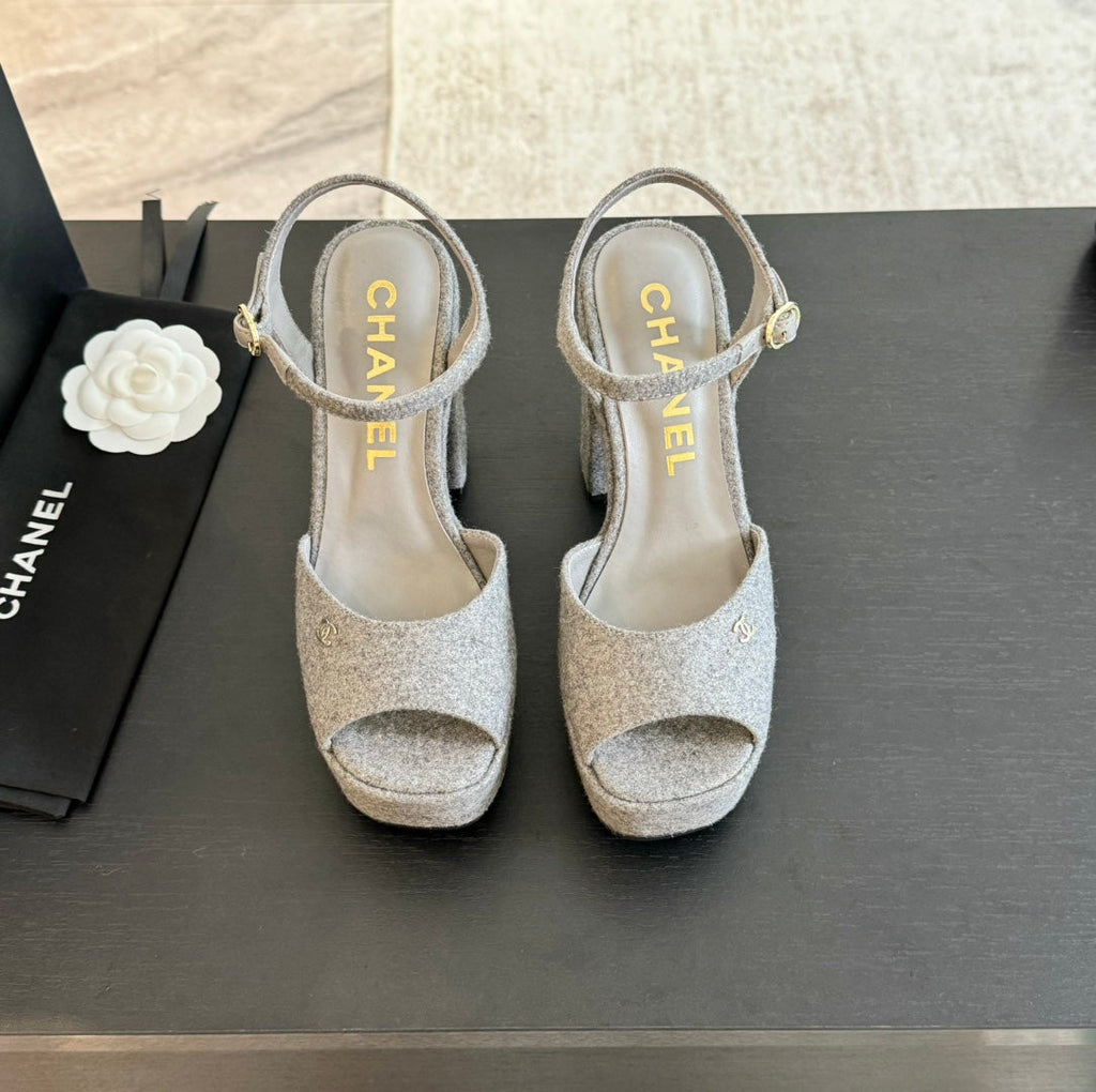 CHANEL HIGH HEEL PLATFORM SANDALS IN DOVE GRAY SUEDE