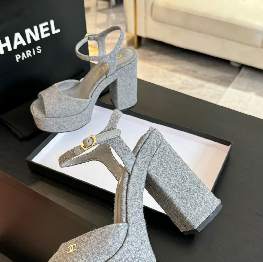 CHANEL HIGH HEEL PLATFORM SANDALS IN DOVE GRAY SUEDE