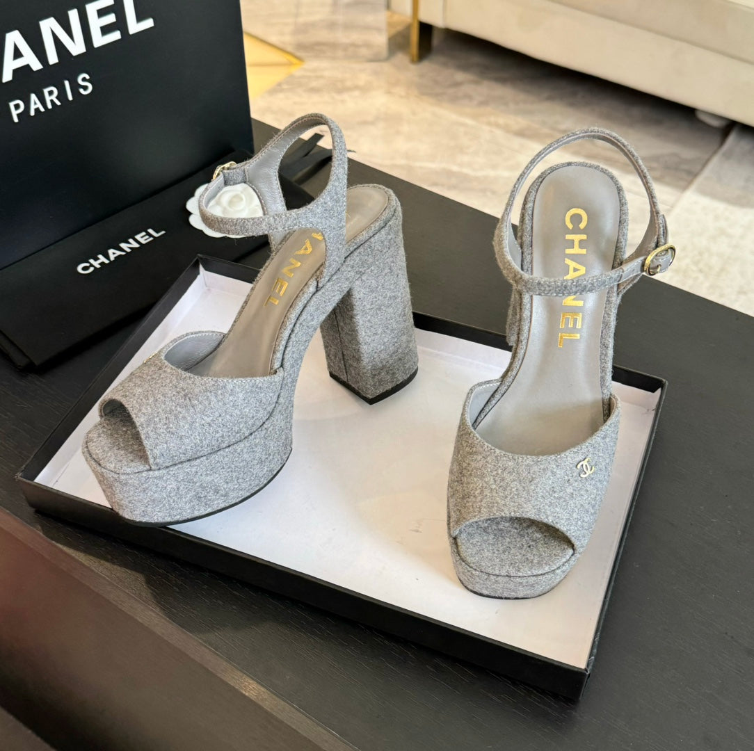 CHANEL HIGH HEEL PLATFORM SANDALS IN DOVE GRAY SUEDE