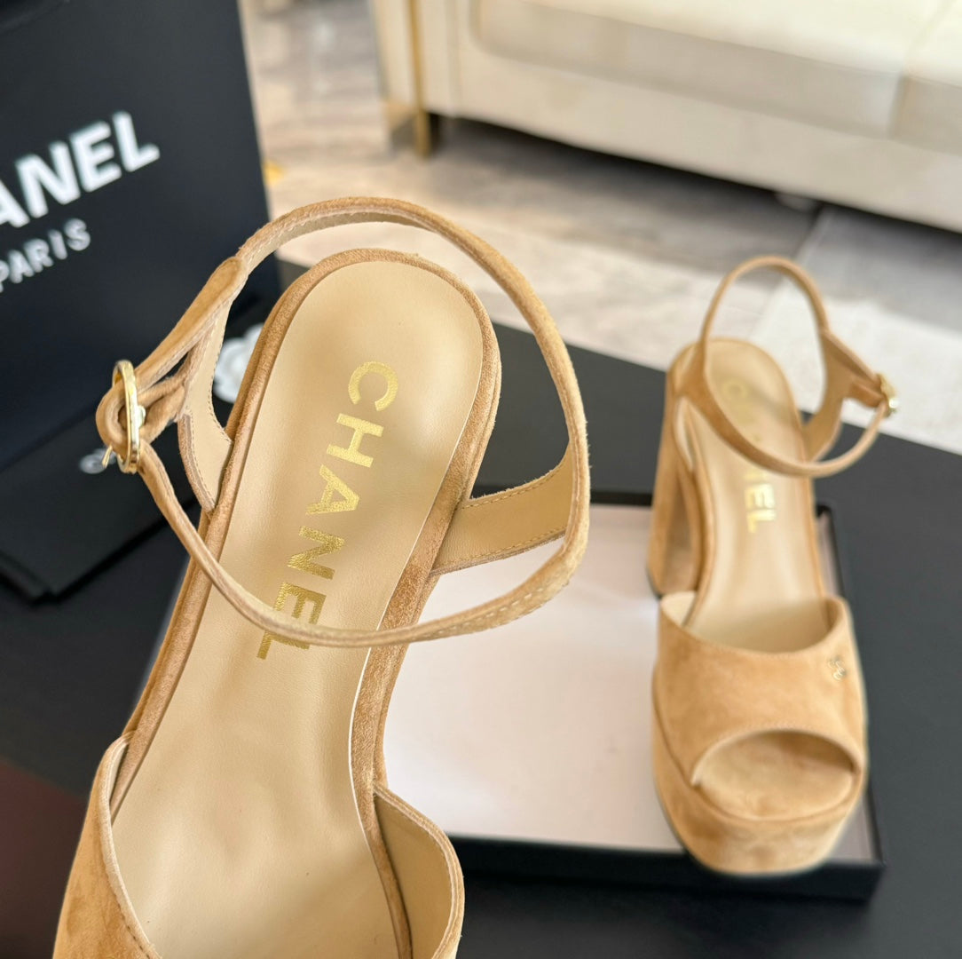 CHANEL HIGH HEEL PLATFORM SANDALS IN SAND YELLOW SUEDE