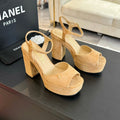 CHANEL HIGH HEEL PLATFORM SANDALS IN SAND YELLOW SUEDE