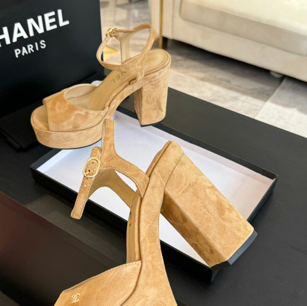 CHANEL HIGH HEEL PLATFORM SANDALS IN SAND YELLOW SUEDE