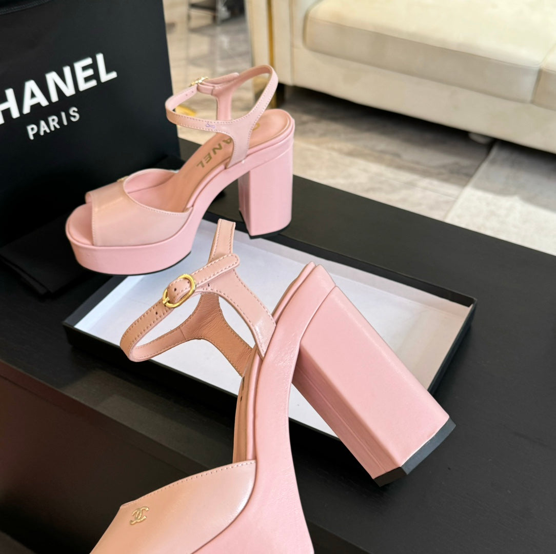 CHANEL HIGH HEEL PLATFORM SANDALS IN PEACH PINK CALFSKIN