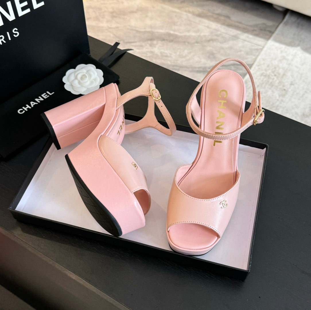 CHANEL HIGH HEEL PLATFORM SANDALS IN PEACH PINK CALFSKIN