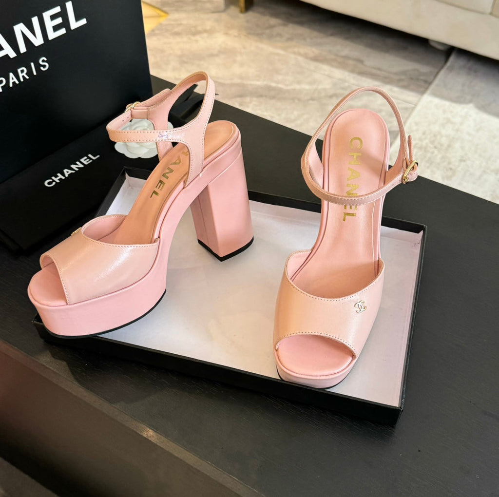 CHANEL HIGH HEEL PLATFORM SANDALS IN PEACH PINK CALFSKIN