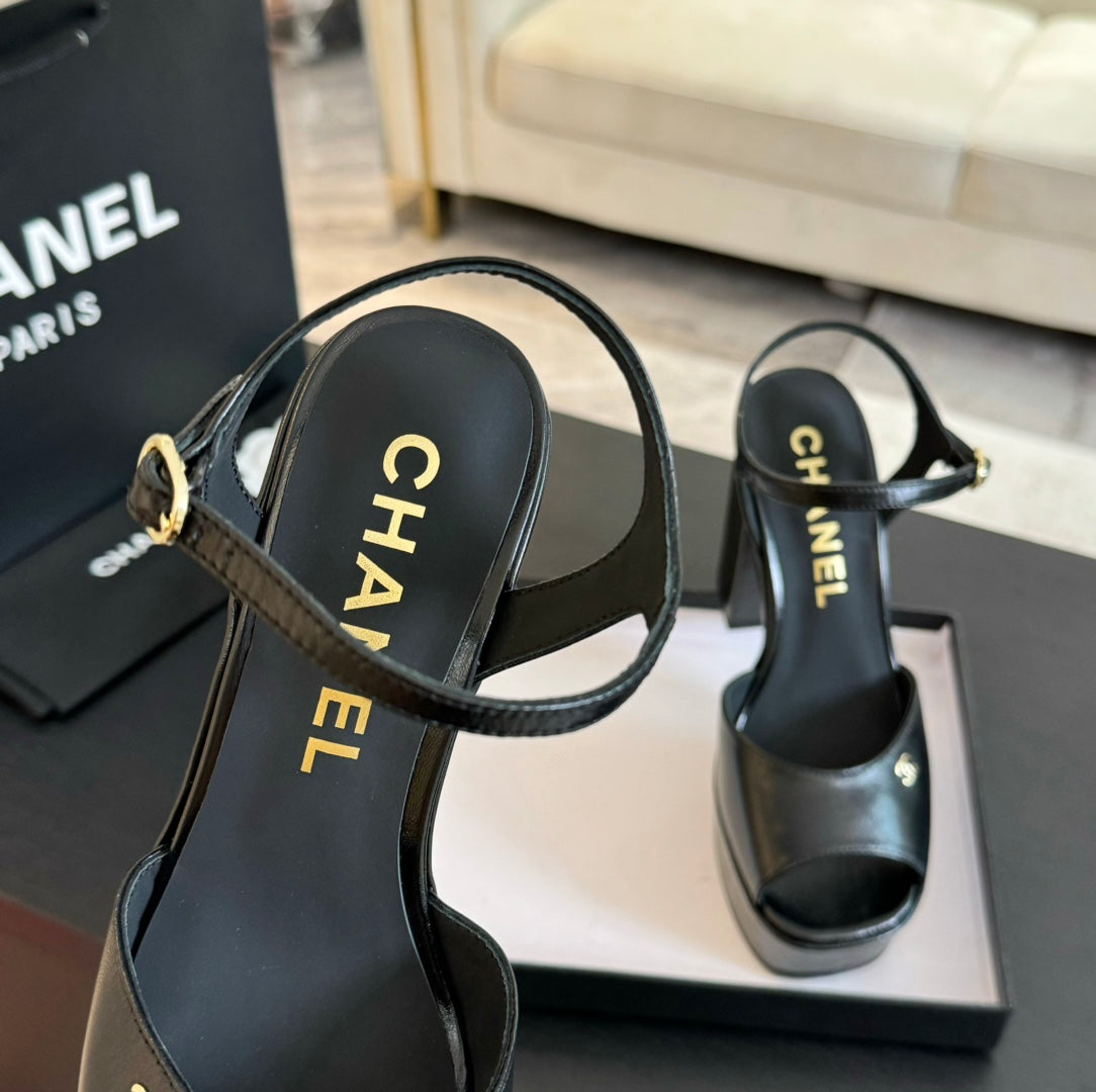 CHANEL HIGH HEEL PLATFORM SANDALS IN BLACK CALFSKIN