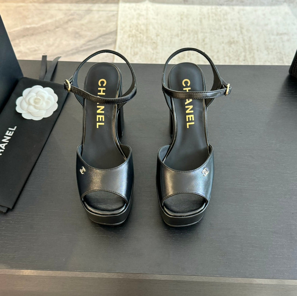 CHANEL HIGH HEEL PLATFORM SANDALS IN BLACK CALFSKIN