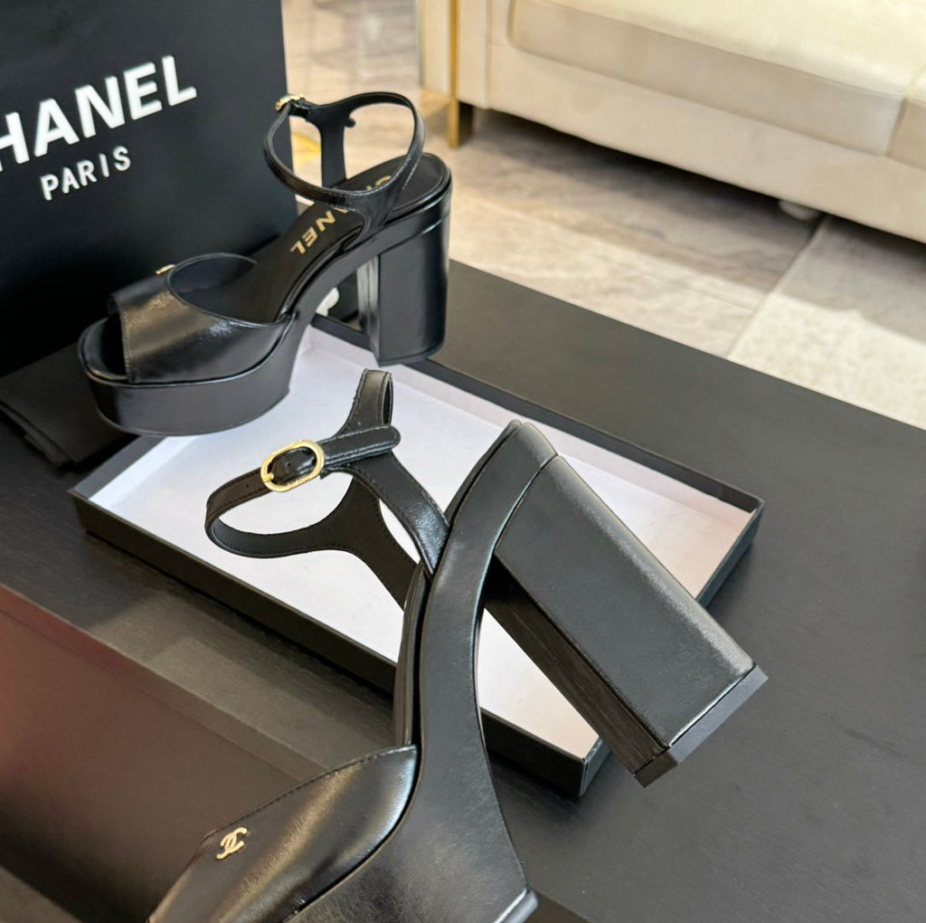 CHANEL HIGH HEEL PLATFORM SANDALS IN BLACK CALFSKIN