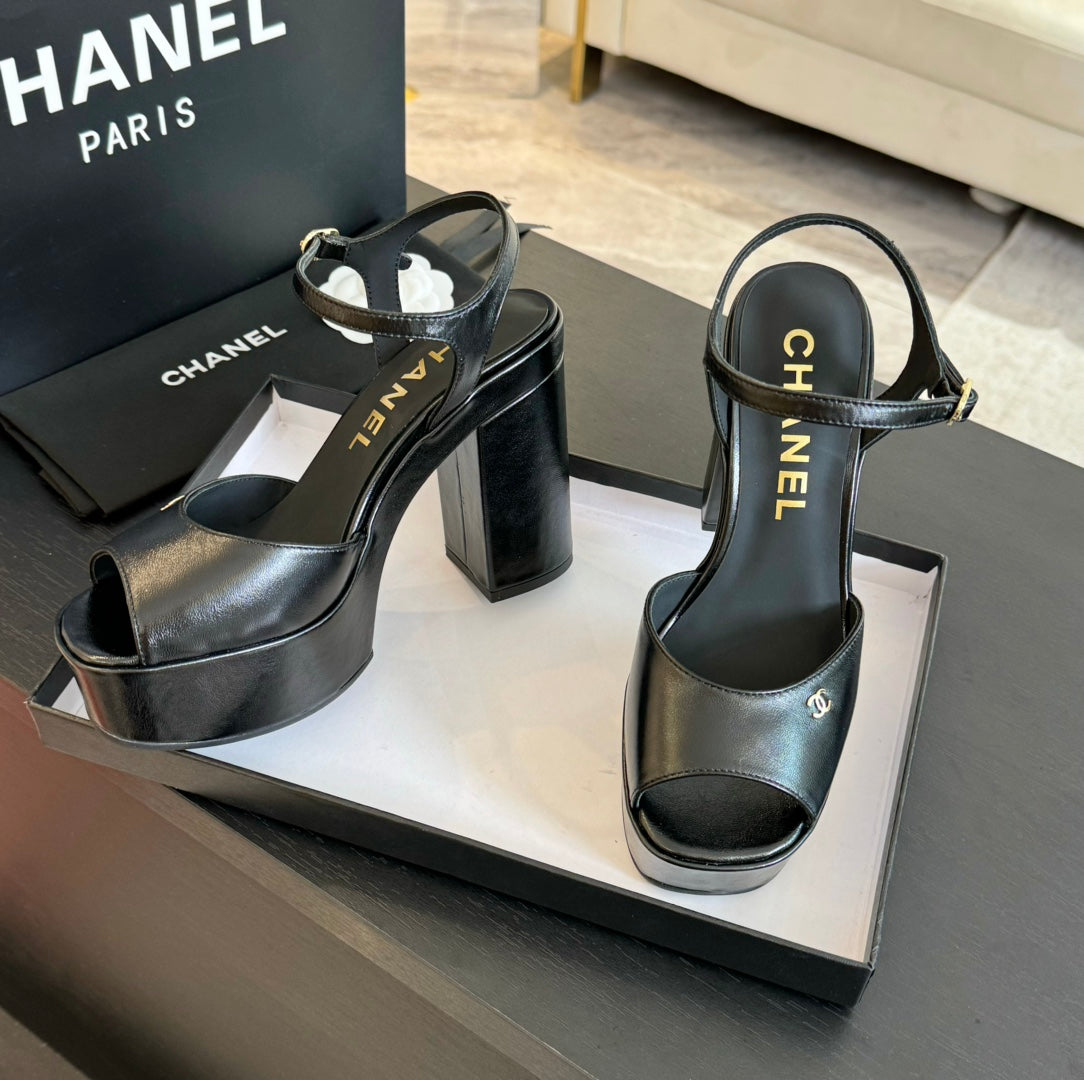 CHANEL HIGH HEEL PLATFORM SANDALS IN BLACK CALFSKIN