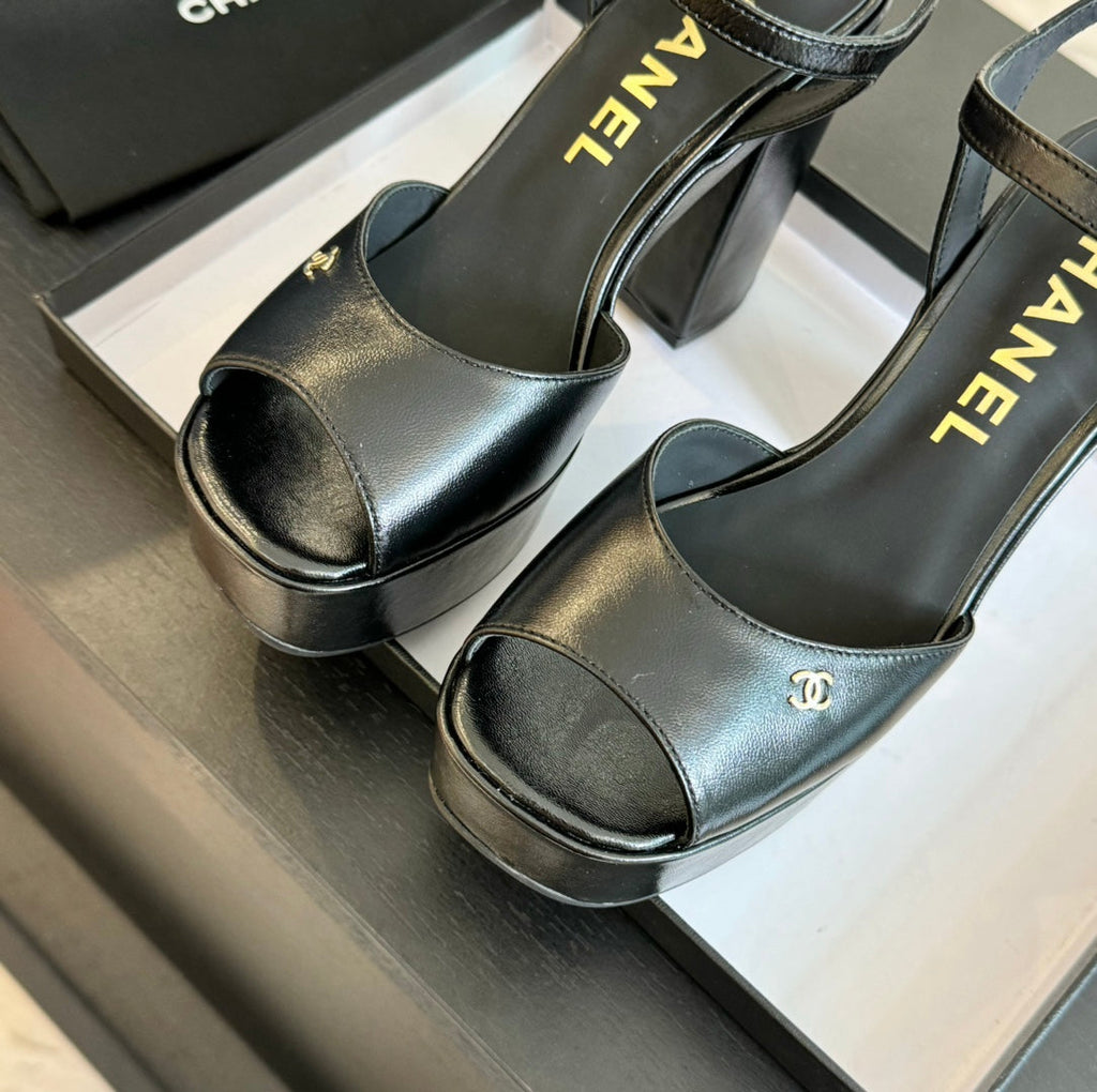 CHANEL HIGH HEEL PLATFORM SANDALS IN BLACK CALFSKIN