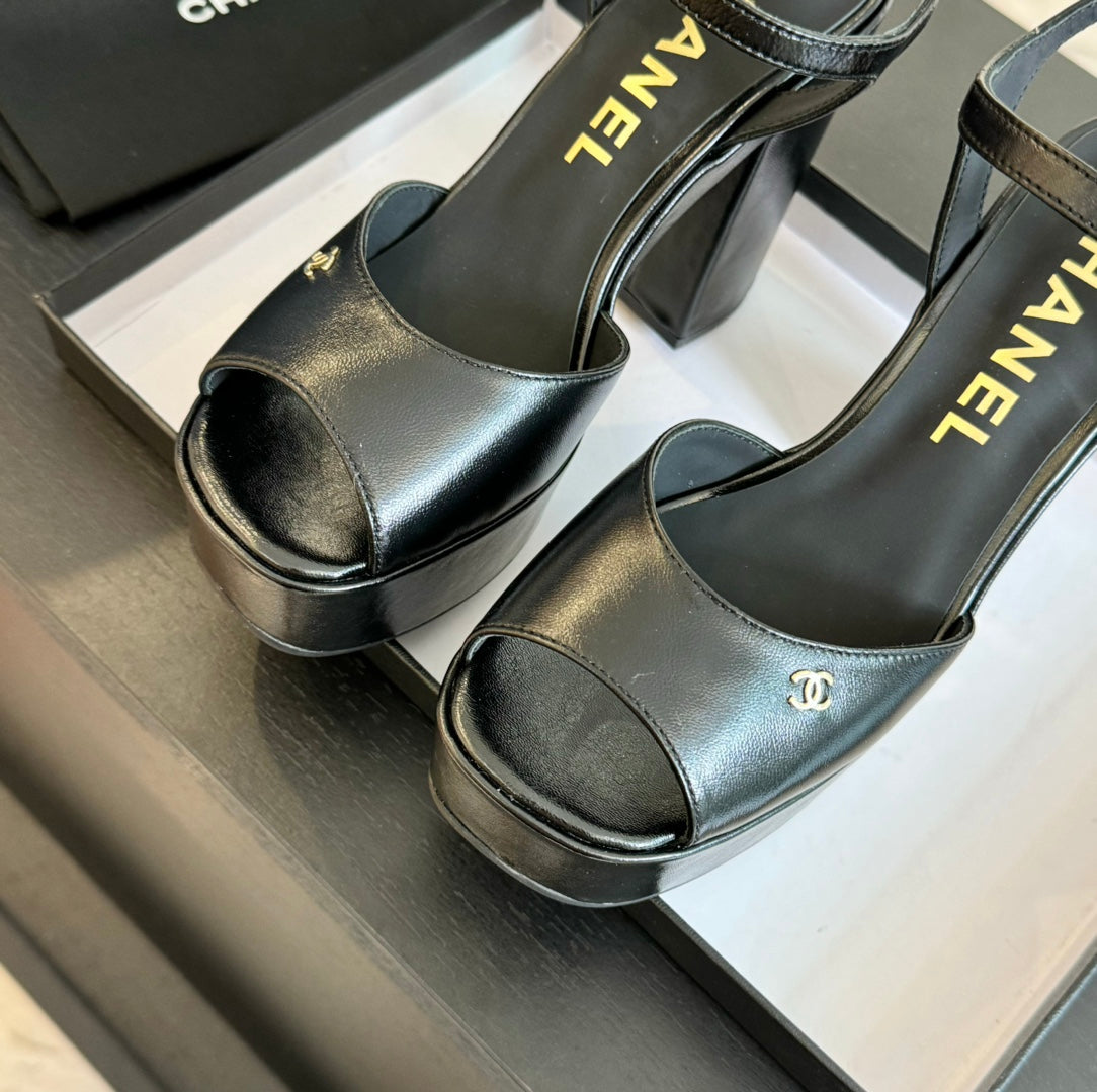 CHANEL HIGH HEEL PLATFORM SANDALS IN BLACK CALFSKIN