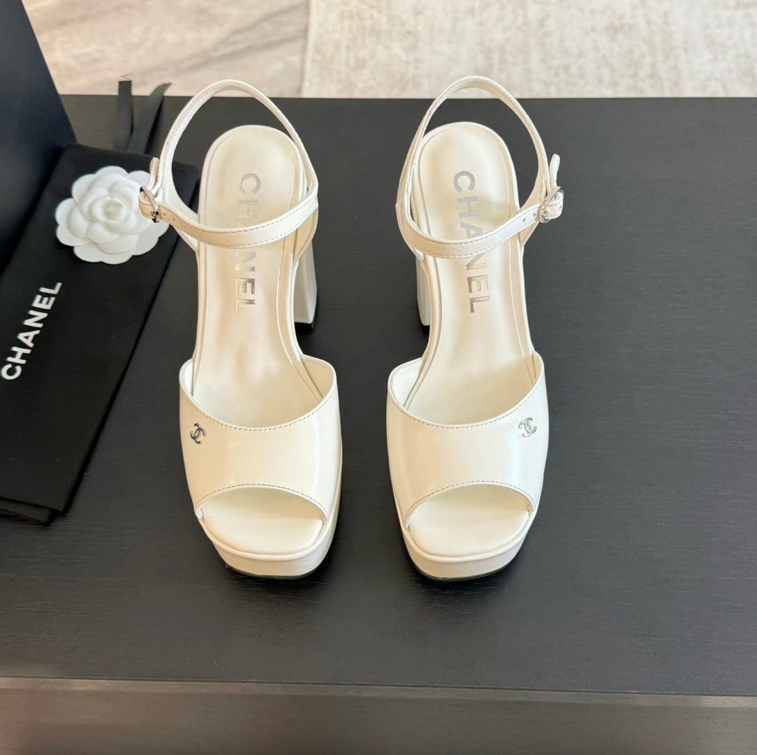 CHANEL HIGH HEEL PLATFORM SANDALS IN WHITE CALFSKIN
