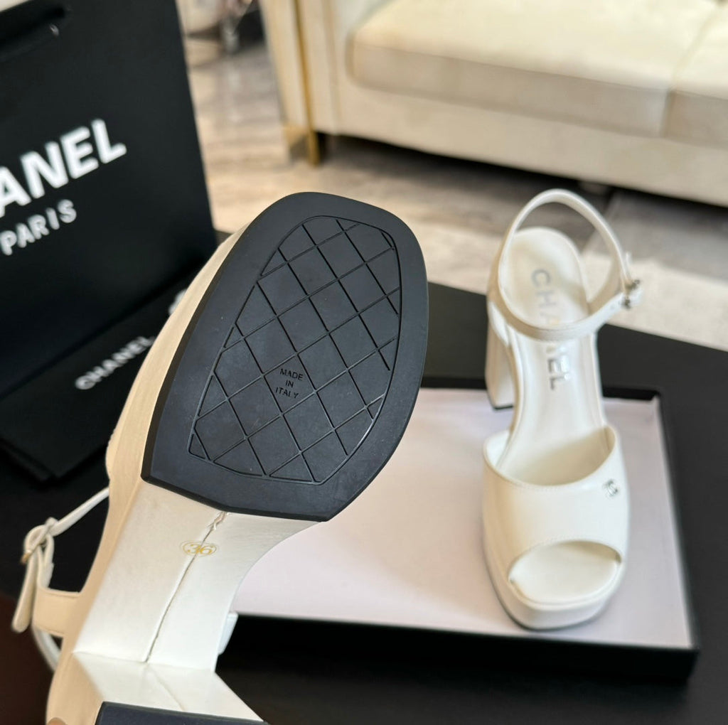 CHANEL HIGH HEEL PLATFORM SANDALS IN WHITE CALFSKIN