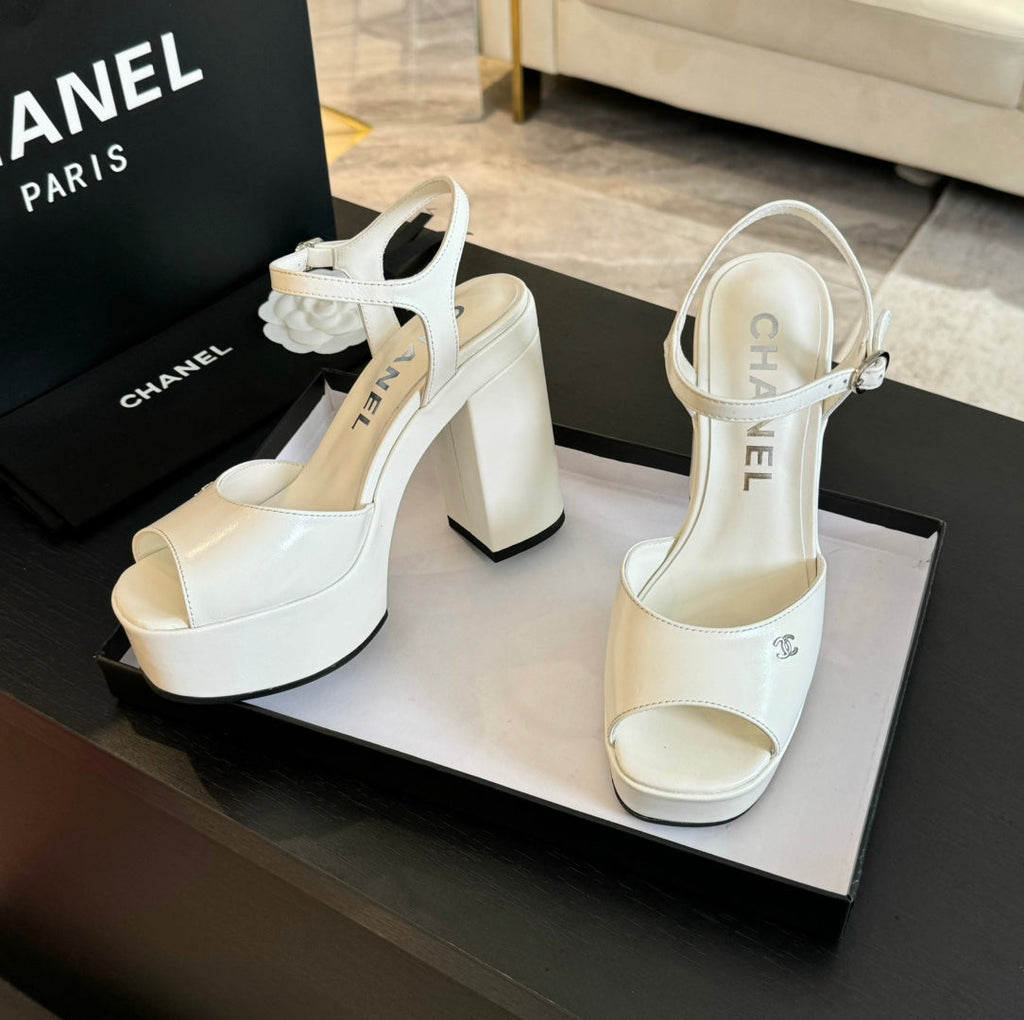 CHANEL HIGH HEEL PLATFORM SANDALS IN WHITE CALFSKIN