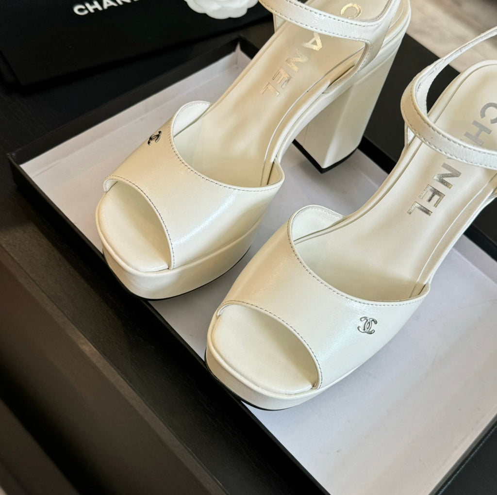 CHANEL HIGH HEEL PLATFORM SANDALS IN WHITE CALFSKIN