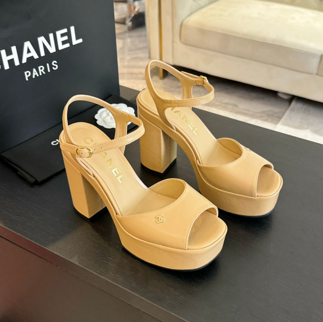 CHANEL HIGH HEEL PLATFORM SANDALS IN SAND YELLOW CALFSKIN