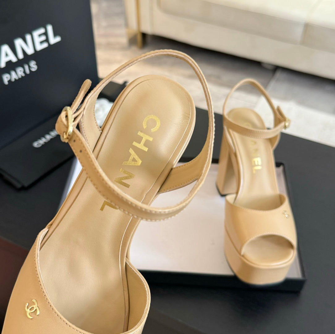 CHANEL HIGH HEEL PLATFORM SANDALS IN SAND YELLOW CALFSKIN