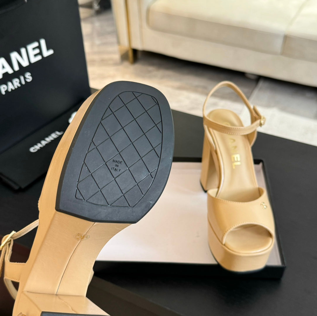 CHANEL HIGH HEEL PLATFORM SANDALS IN SAND YELLOW CALFSKIN