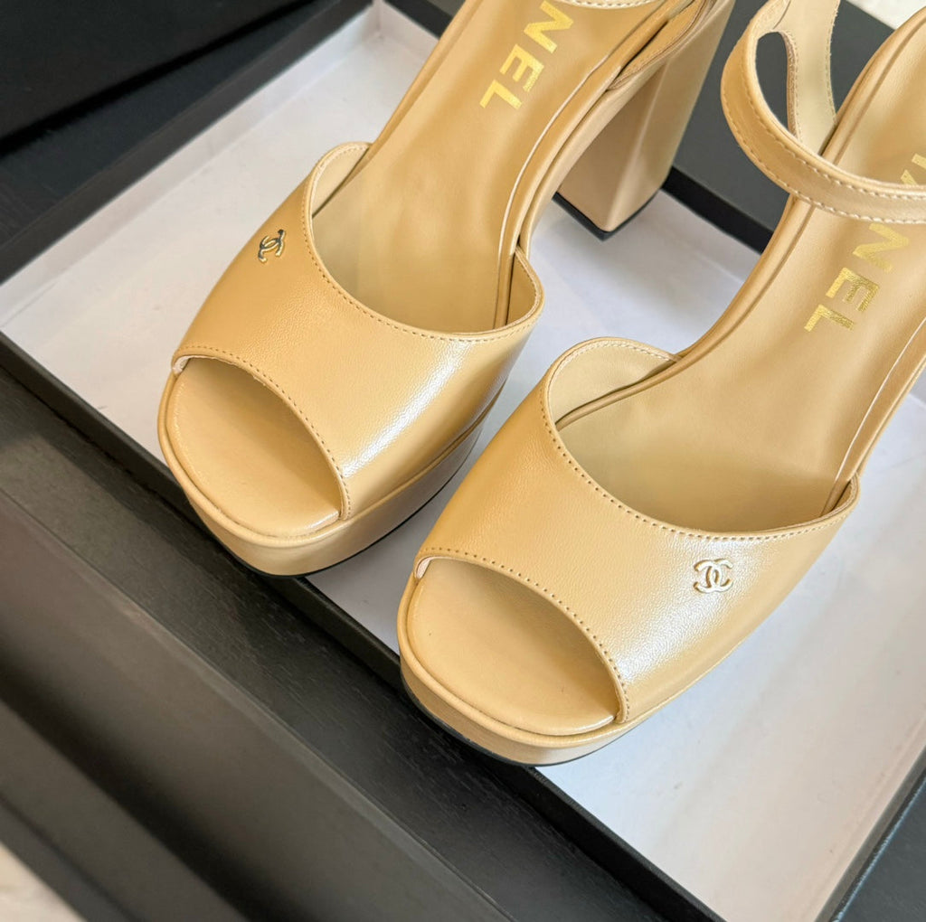 CHANEL HIGH HEEL PLATFORM SANDALS IN SAND YELLOW CALFSKIN