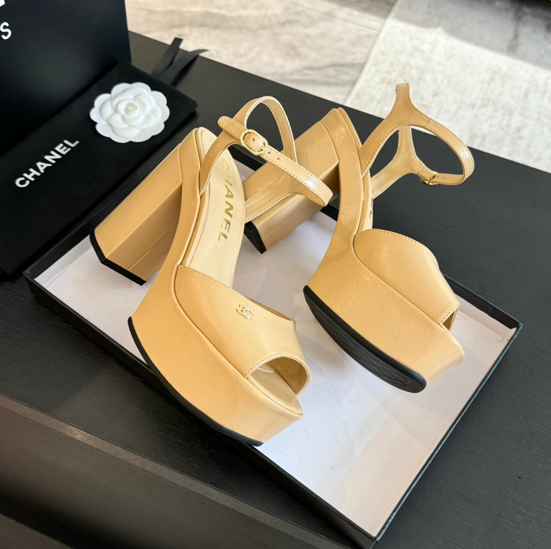 CHANEL HIGH HEEL PLATFORM SANDALS IN SAND YELLOW CALFSKIN