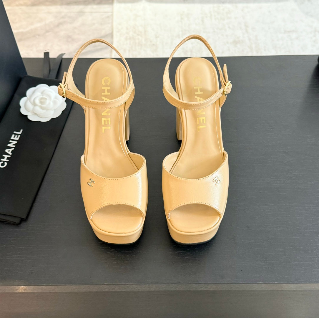 CHANEL HIGH HEEL PLATFORM SANDALS IN SAND YELLOW CALFSKIN
