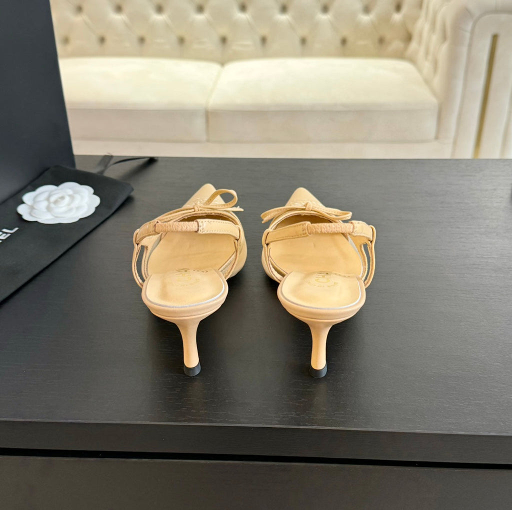 CHANEL MESH LOGO SLINGBACKS IN BEIGE LAMBSKIN
