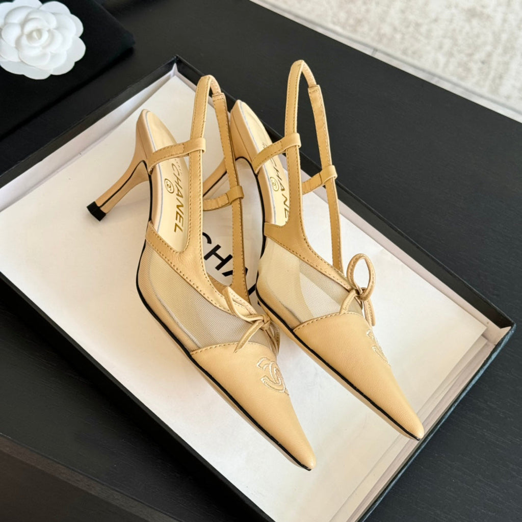 CHANEL MESH LOGO SLINGBACKS IN BEIGE LAMBSKIN