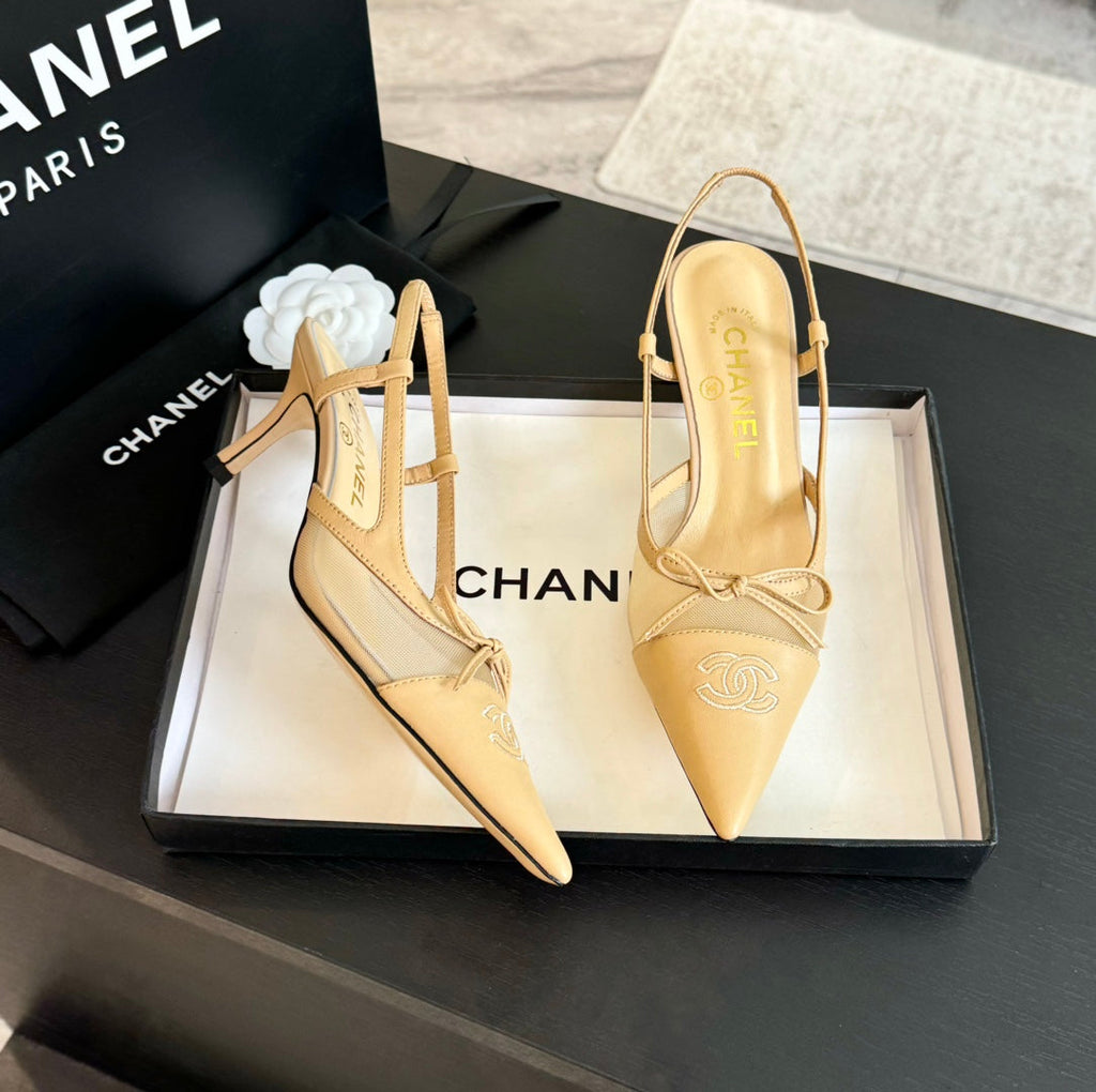 CHANEL MESH LOGO SLINGBACKS IN BEIGE LAMBSKIN