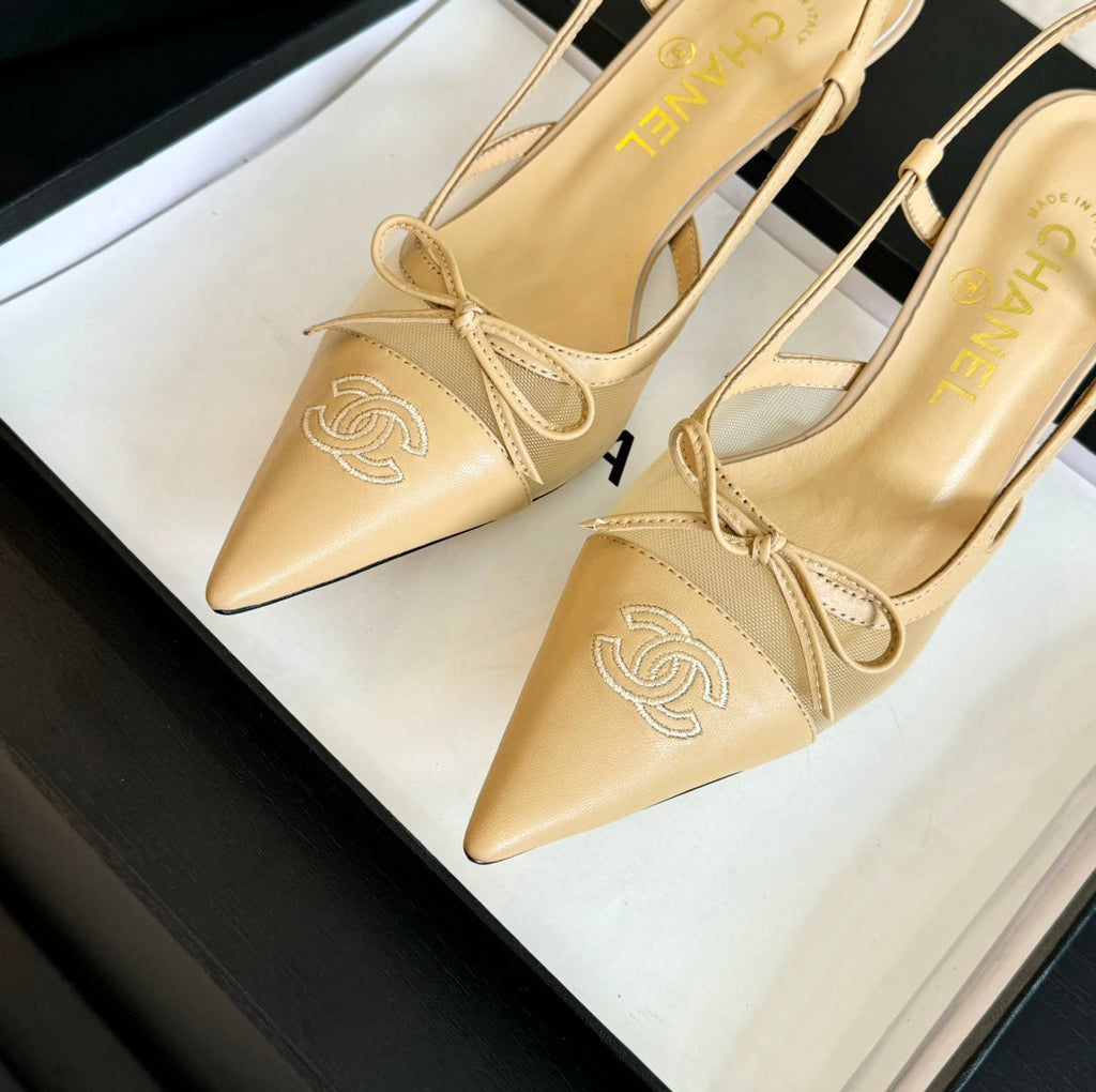 CHANEL MESH LOGO SLINGBACKS IN BEIGE LAMBSKIN