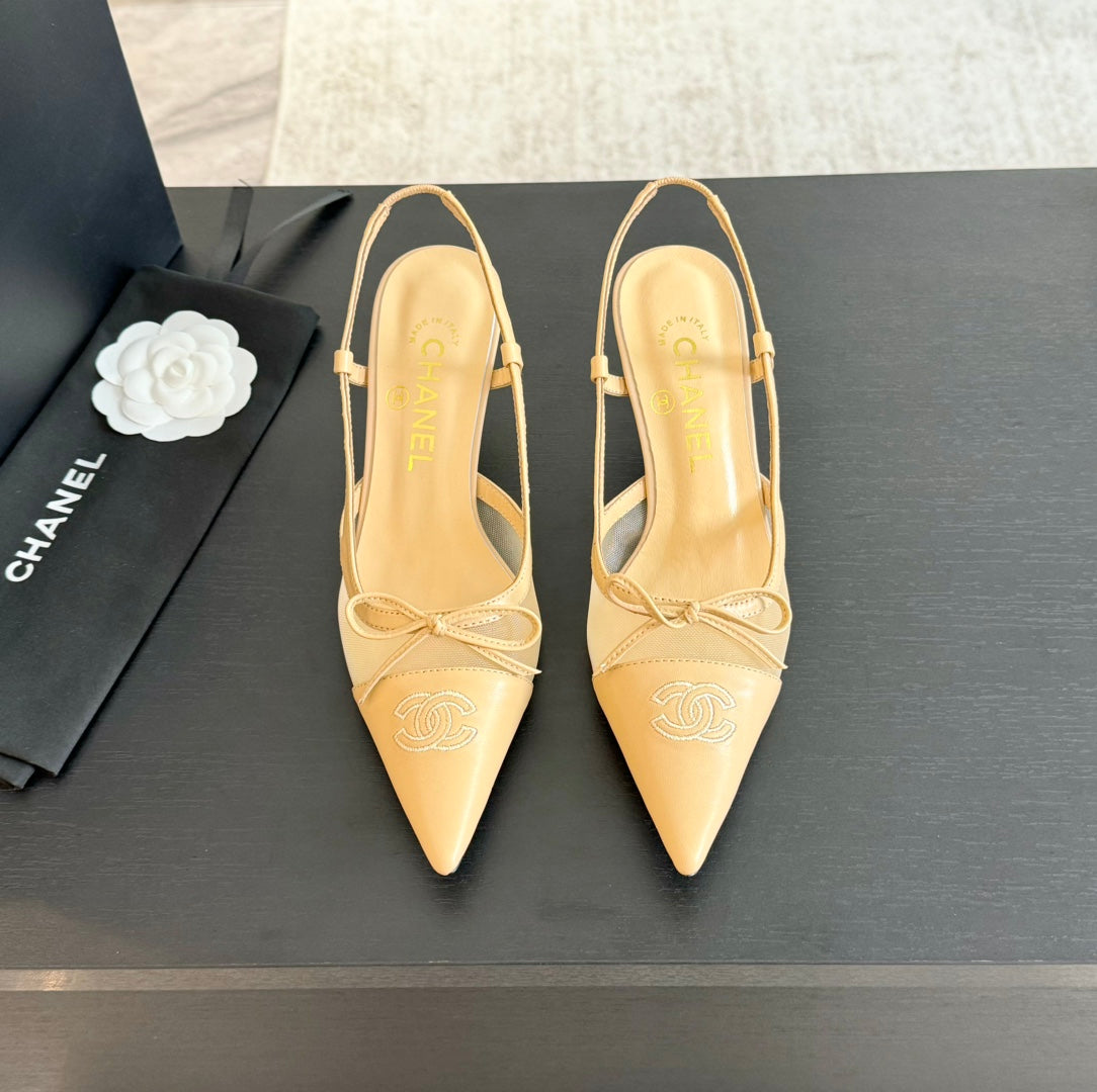 CHANEL MESH LOGO SLINGBACKS IN BEIGE LAMBSKIN