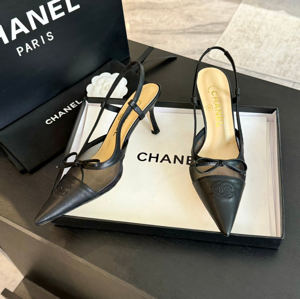 CHANEL MESH LOGO SLINGBACKS IN BLACK LAMBSKIN