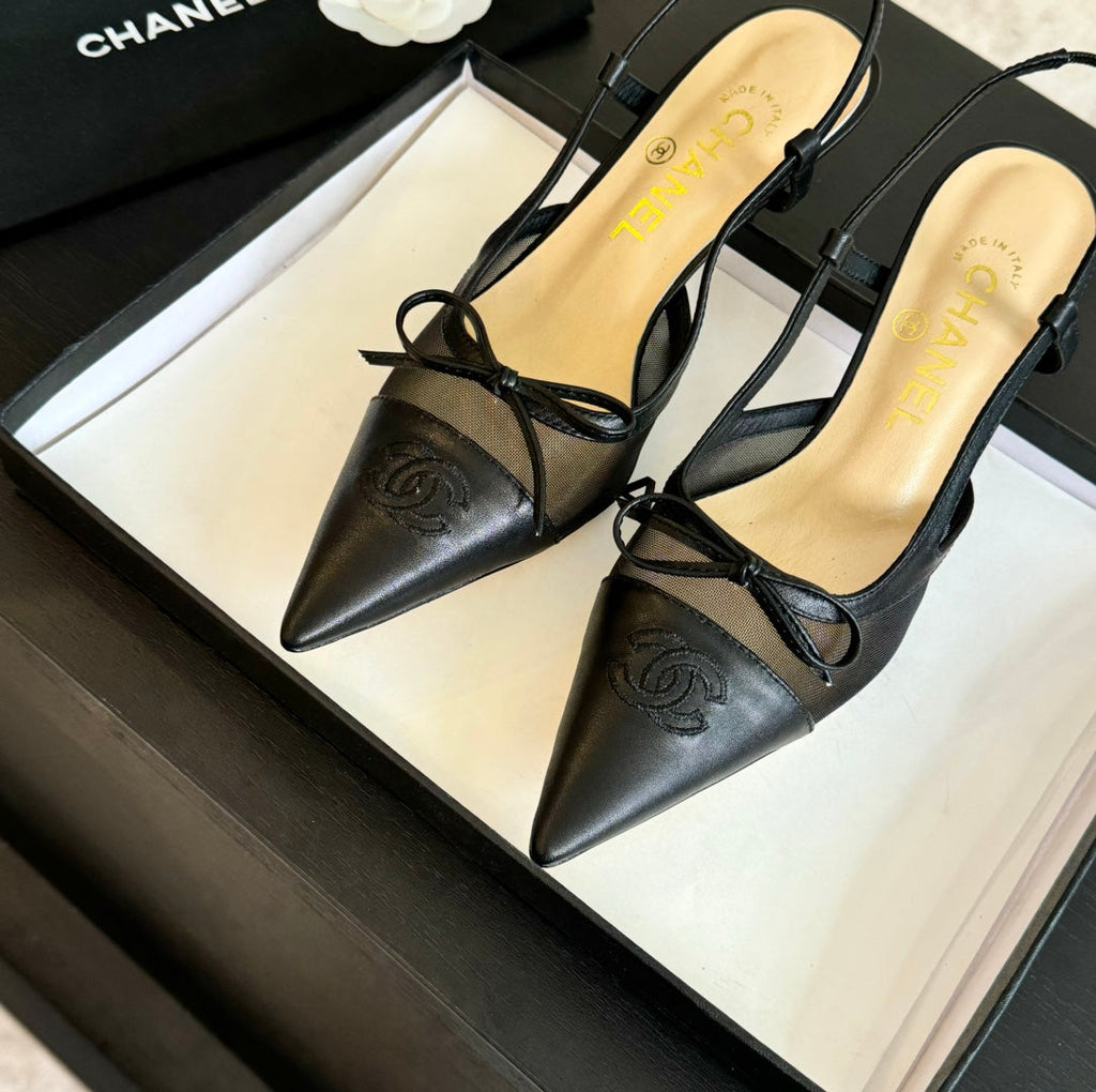 CHANEL MESH LOGO SLINGBACKS IN BLACK LAMBSKIN